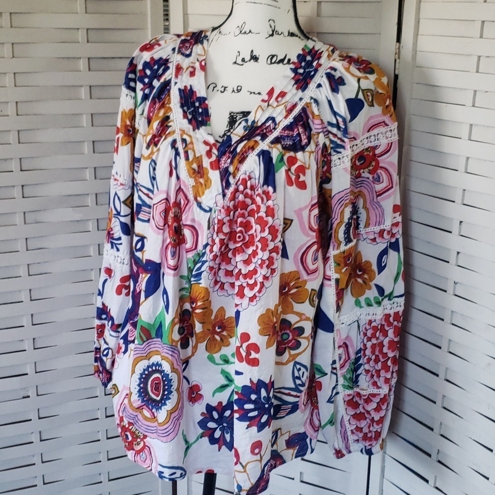 Kactus floral v-neck wide elastic cuff sleeves oversized woman tunic size L